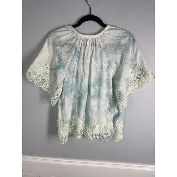 Anthropologie, Size XS, Light Blue & White Tie-Dye Embroidered Boho Blouse, Airy - Picture 6 of 7